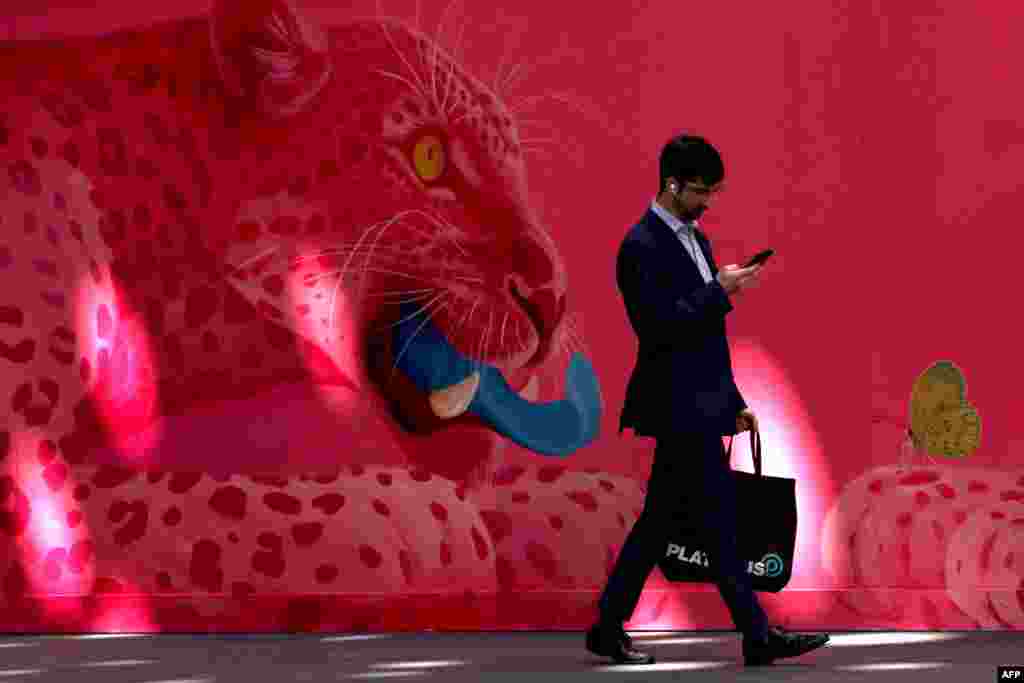 A pedestrian carries a shopping bag and looks at his phone while walking past a mural decorating a construction site in central Sydney.
