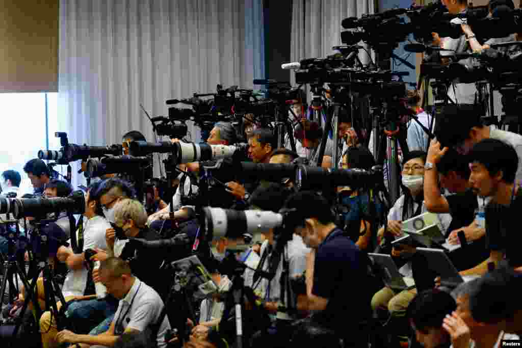 Media wait ahead of a press conference of Japan's talent agency Johnny & Associates chief Julie K. Fujishima in Tokyo. The niece of Johnny Kitagawa, the late J-pop mogul accused of sexually abusing hundreds of boys and young men over decades, apologized for the abuse he carried out and stepped down as the head of the talent agency her uncle founded.