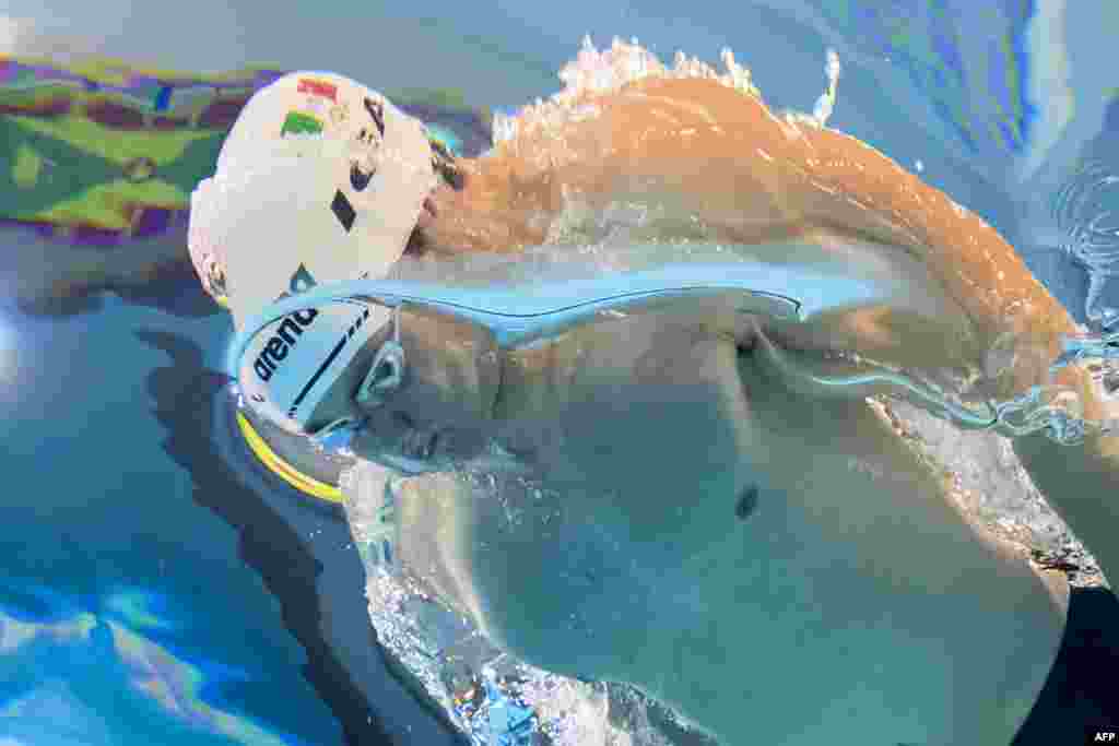 Mexico's Jorge Andres Iga competes in the men's 100m butterfly heat 2 swimming event of the Pan American Games Santiago 2023, at the Aquatics Centre in the National Stadium Sports Park in Santiago, Chile.