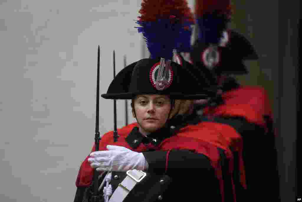 Carabinieri policewomen wait for the arrival of The Netherland's Premier Mark Rutte meeting Italian Premier Giorgia Meloni on Women's Day in Rome, Italy.