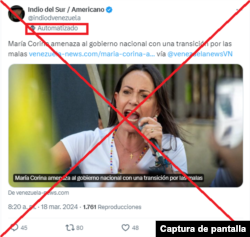 Captura de desinformación en X y cuenta de usuario "automatizado".