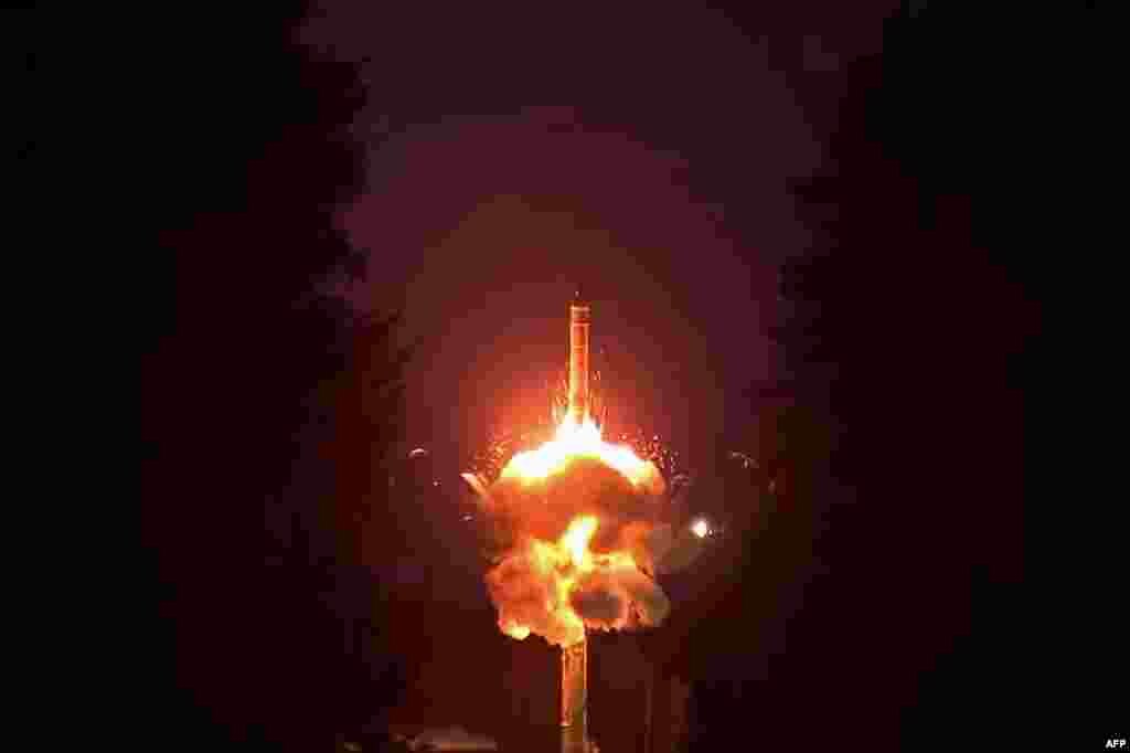 This video grab from a handout footage released by the Russian Defence Ministry press service shows the firing of a Yars intercontinental ballistic missile from the Plesetsk cosmodrome in the Russian north during a training exercise of the forces and equipment of ground, sea and air components of nuclear deterrent forces. 