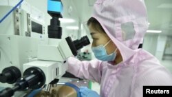 중국 장쑤성 수치엔에 있는 반도체 생산라인 근무자가 웨이퍼를 검사하고 있다. (자료사진)