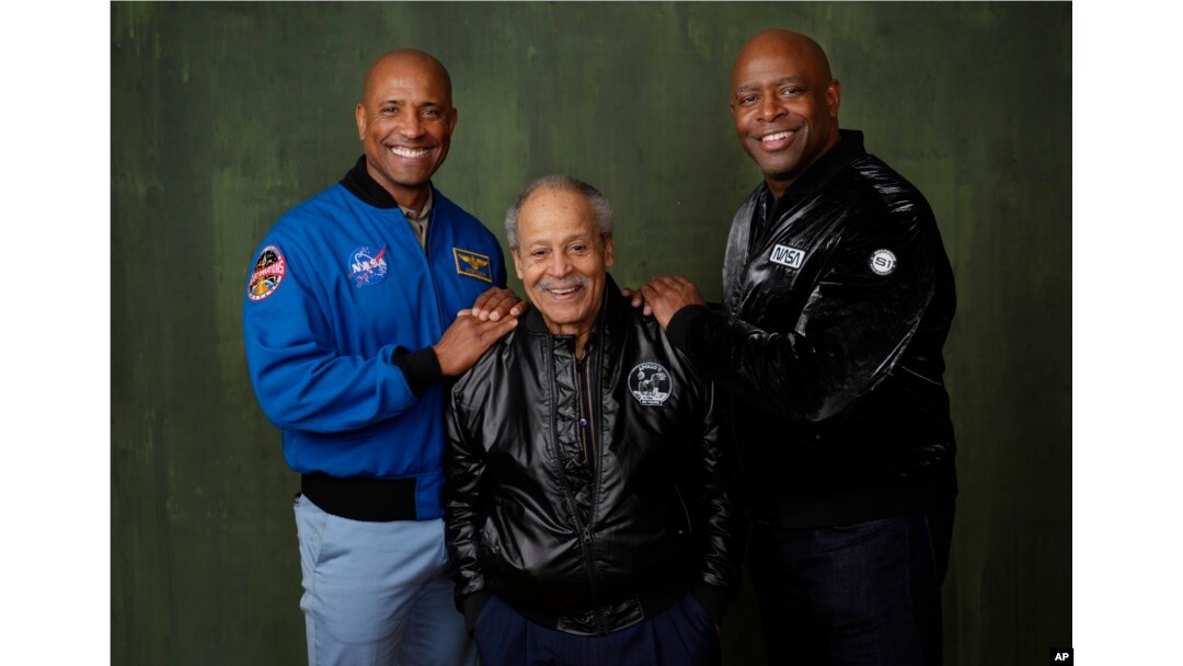 NASA astronauts Victor Glover, from left, Ed Dwight and Leland Melvin pose for a portrait to promote the National Geographic documentary film "The Space Race" during the Winter Television Critics Association Press Tour, Feb. 8, 2024. (AP Photo/Chris Pizzello)
