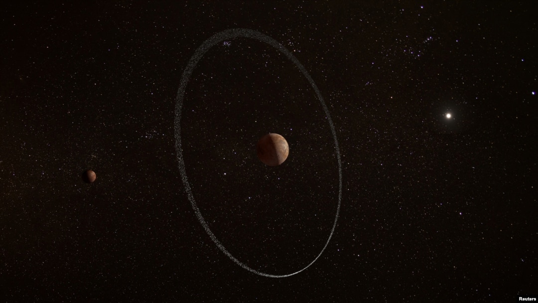 An illustration showing the frigid distant world Quaoar, orbiting in our solar system beyond Pluto, surrounded by its newly discovered ring, along with its moon Weywot. (ESA, CC BY-SA 3.0 IGO/Handout via REUTERS)