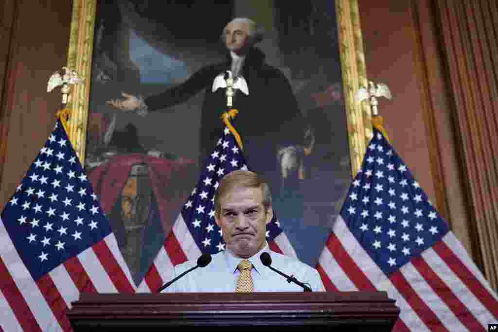 Rep. Jim Jordan, R-Ohio, House Judiciary chairman and staunch ally of Donald Trump, meets with reporters about his struggle to become speaker of the House, at the Capitol in Washington.