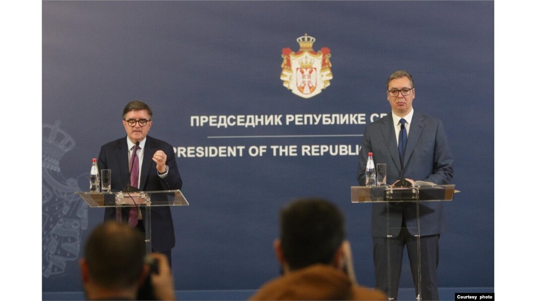 Konferencija za novinare Džejsma O'Brajana sa predsednikom Srbije Alesksandrom Vučićem, nakon razgovora koji su vodili u Predsedništvu Srbije, u Beogradu, 20. aprila 2024. (Foto: FoNet)