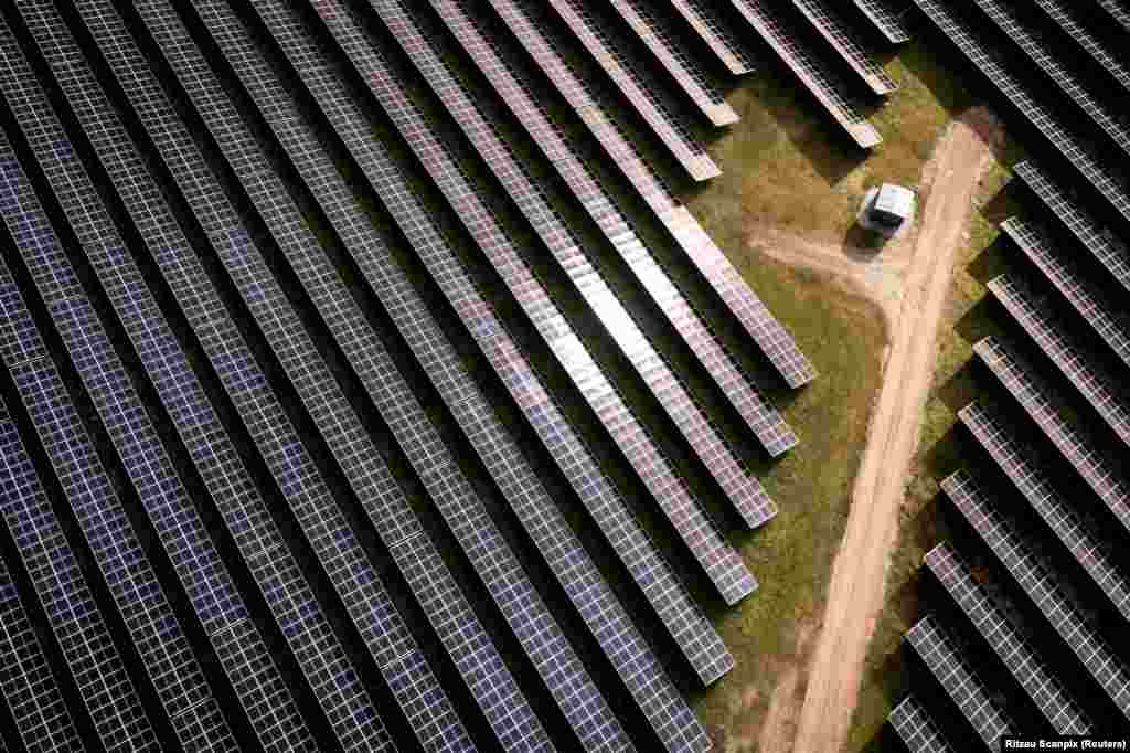 Solar installations on 340 hectares surround the village of Hjolderup, which consists of 12 households, in Hjolderup, west of Aabenraa southern Denmark, Feb. 21, 2023. The 300 MW solar park will be Northern Europe's largest and is being built by Danish European Energy.