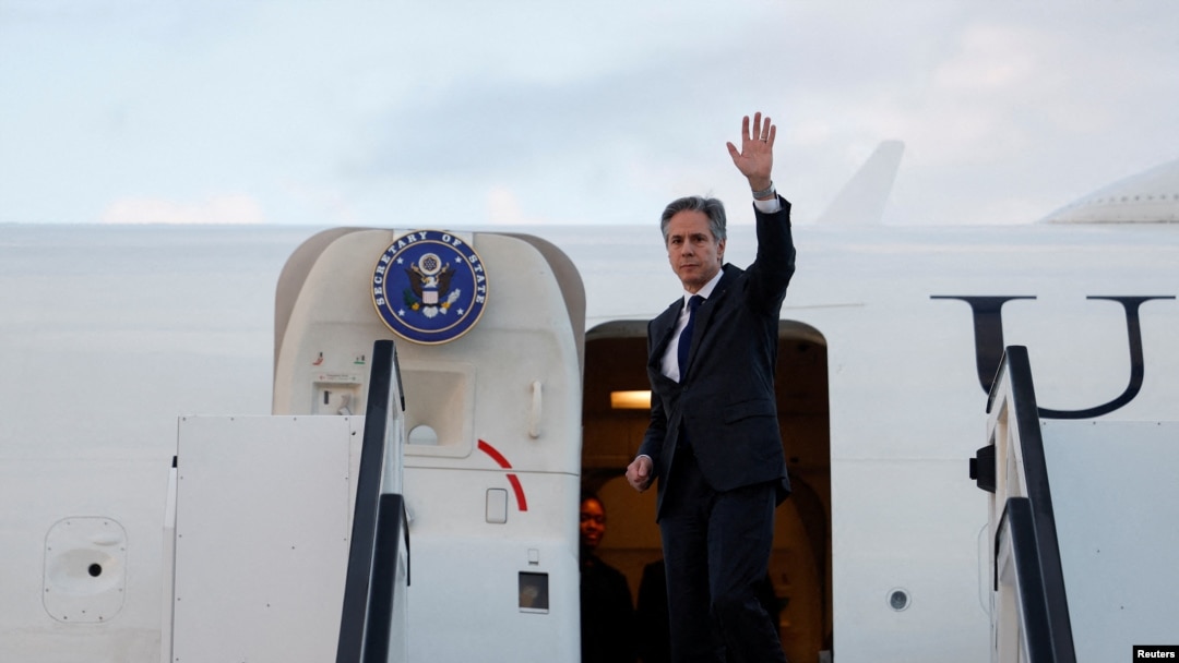 FILE - U.S. Secretary of State Antony Blinken waves as he departs Tel Aviv, Israel, March 22, 2024. Antony Blinken will travel to Riyadh from Monday through Tuesday to participate in regional talks on humanitarian assistance in Gaza.