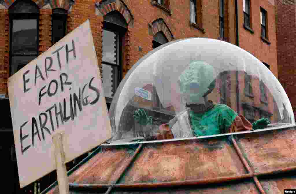A person in costume participates in the St. Patrick's Day parade in Dublin, Ireland.