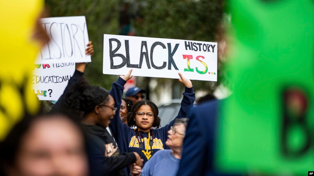 FILE - Hundreds participate in the National Action Network demonstration in response to Gov. Ron DeSantis' rejection of a high school African American history course, Wednesday, Feb. 15, 2023. (Alicia Devine/Tallahassee Democrat via AP, File)