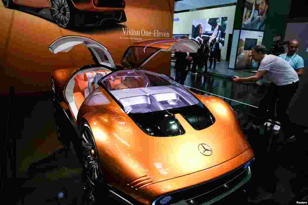 A view shows model Vision One-Eleven of Mercedes-Benz, a German automobile manufacturer, displayed during an event a day ahead of the official opening of the 2023 Munich Auto Show IAA Mobility, in Munich, Germany.