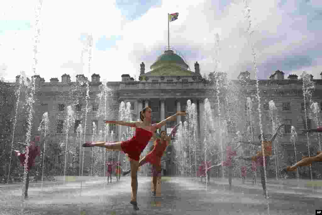 Dancers from Shobana Jeyasingh Dance rehearse Counterpoint in the fountains at Somerset House ahead of this weekend's performances as part of Westminster City Council's Inside Out Festival, in London.