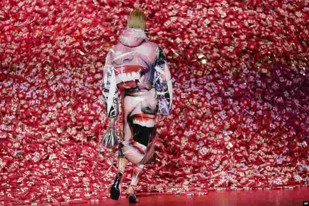 A model wears a creation as part of the Diesel women's Fall-Winter 2023-24 collection presented in Milan, Italy.