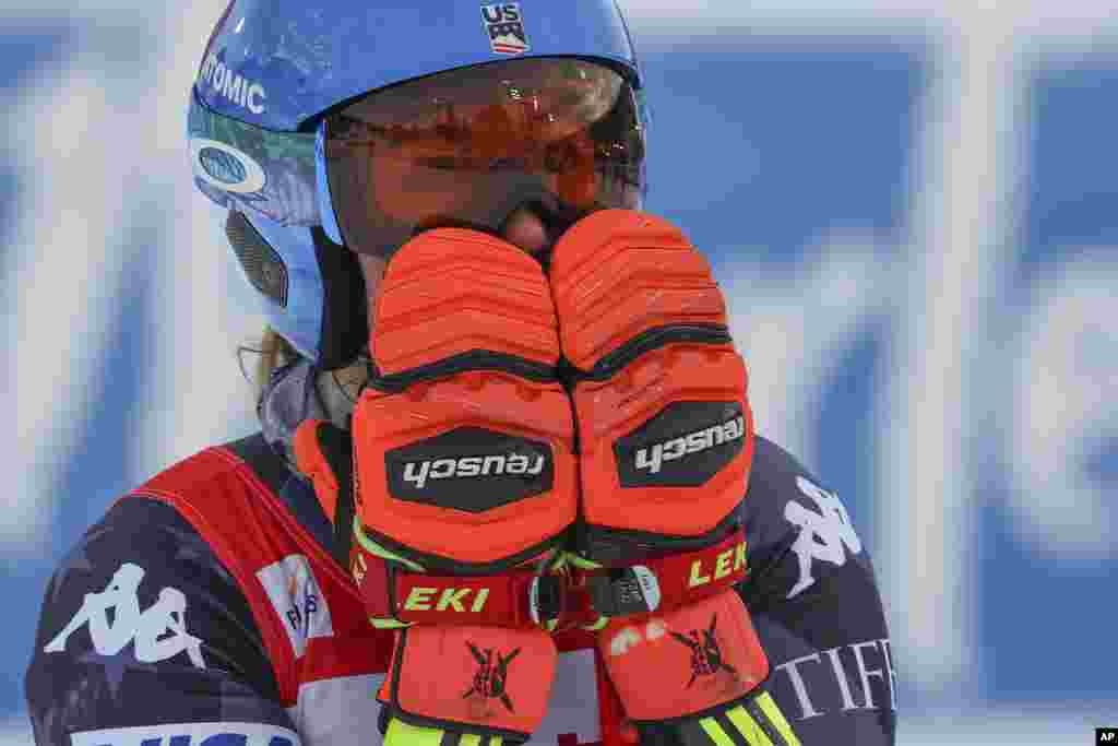 United States' Mikaela Shiffrin checks her time at the finish area of an alpine ski, women's World Cup giant slalom race, in Are, Sweden. Shiffrin won her record-tying 86th World Cup race with victory in a giant slalom, matching the overall record set by Swedish great Ingemar Stenmark 34 years ago. 