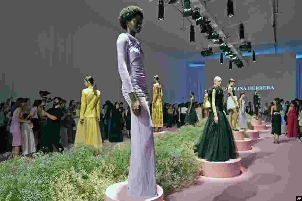 Models present the Carolina Herrera's Spring Summer 2024 Collections, during the Dubai Fashion Week at the Dubai Design District, in Dubai, United Arab Emirates.