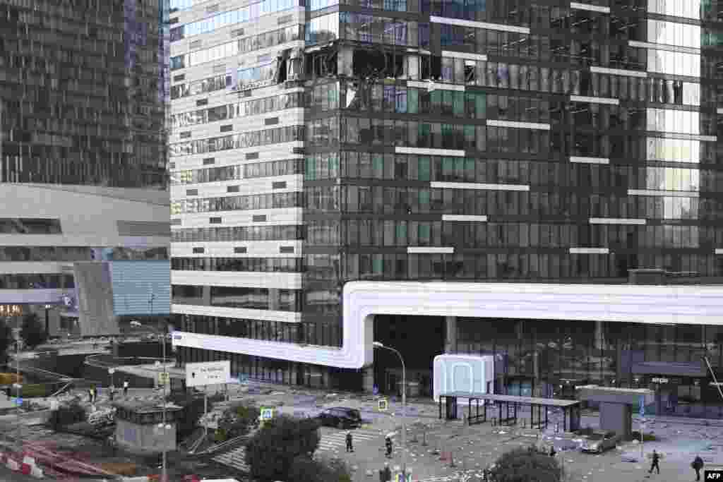 A damaged office block of the Moscow International Business Center (Moskva City) is seen following a reported drone attack in Moscow, Russia.