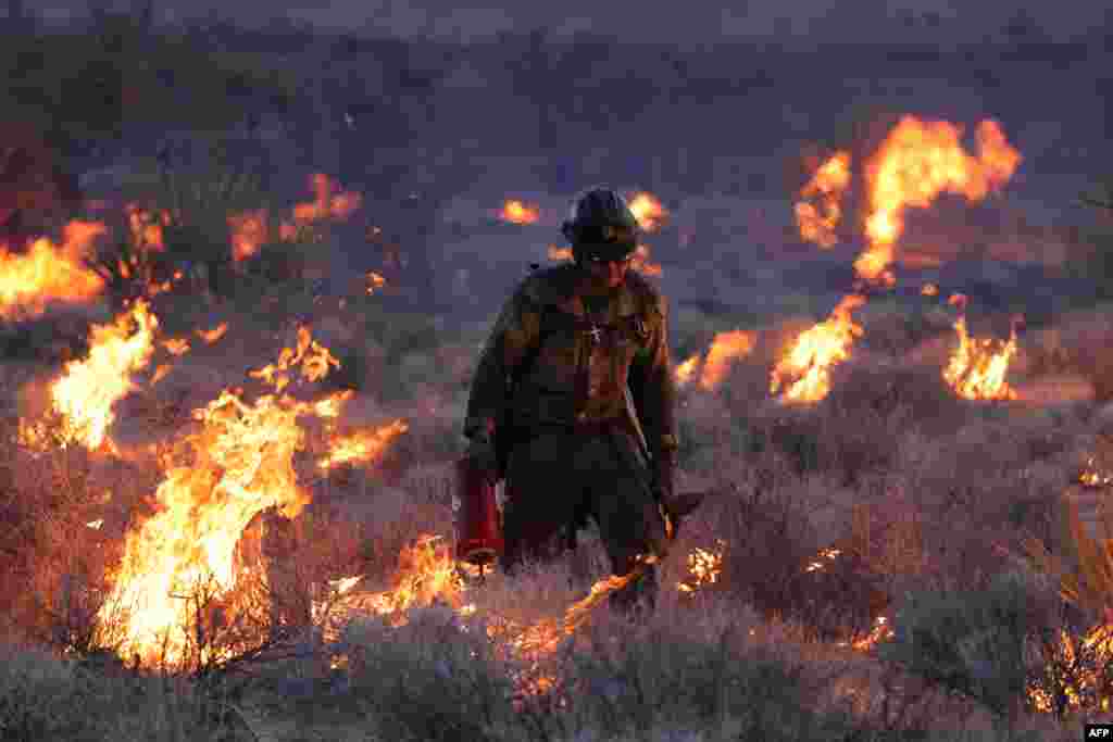 Crane Valley Hotshots set a back fire as the York fire burns in the Mojave National Preserve, July 30, 2023. The York Fire has burned over 70,000 acres, including Joshua trees and yucca in the Mojave National Preserve, and has crossed the state line from California into Nevada.