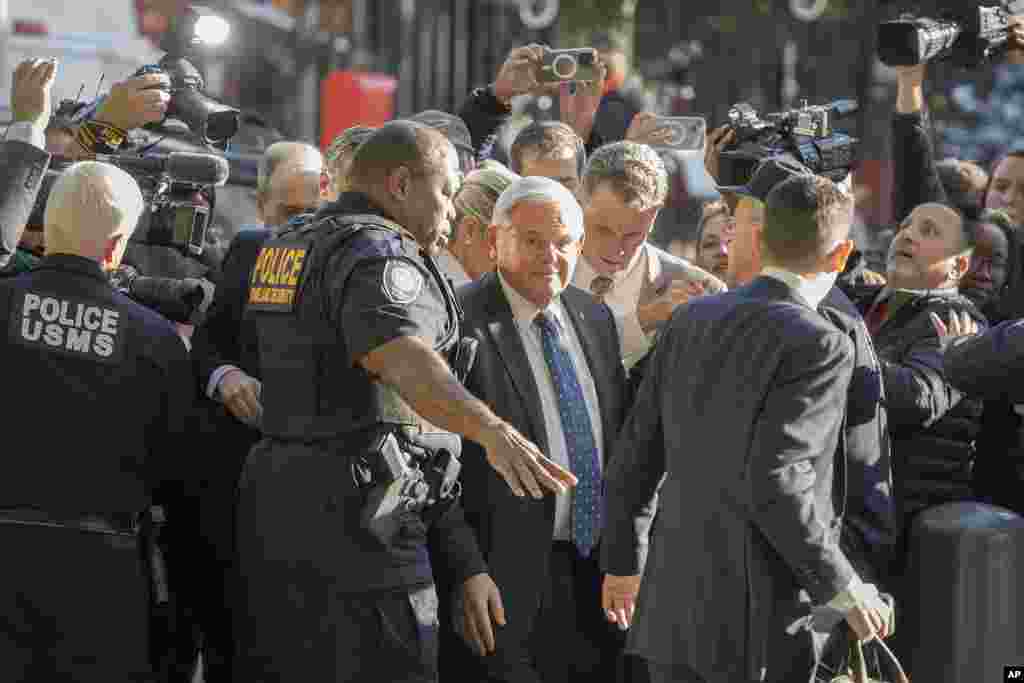 Democratic U.S. Sen. Bob Menendez of New Jersey arrives to the federal courthouse in New York. Menendez is accused of using his powerful post to secretly advance Egyptian interests and carry out favors for local businessmen in exchange for bribes of cash and gold bars. 