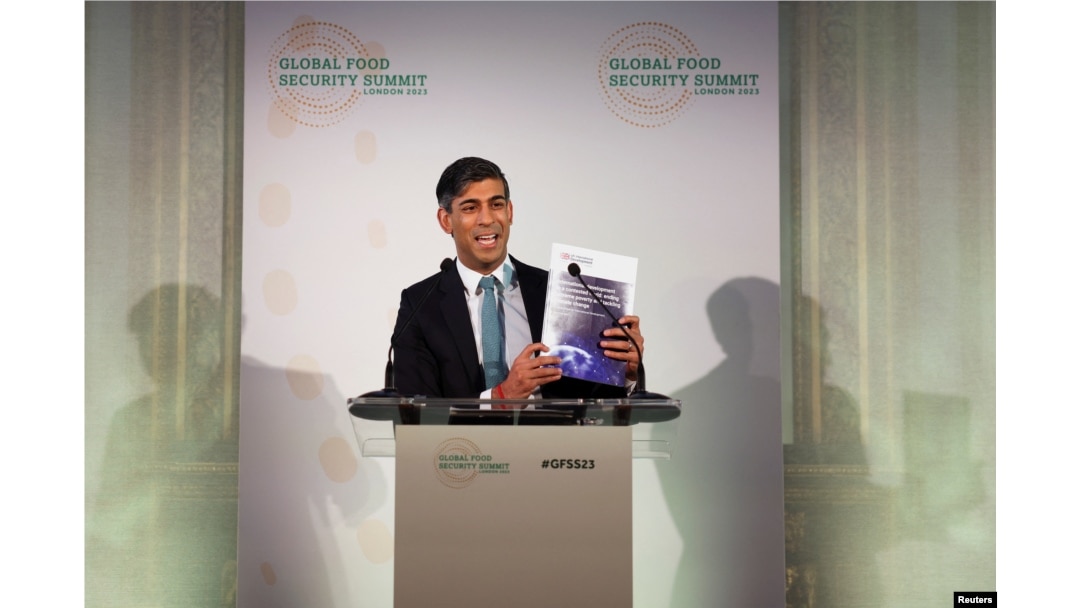 British Prime Minister Rishi Sunak speaks during the opening session of the Global Food Security Summit at Lancaster House in London, Britain, Nov. 20, 2023.