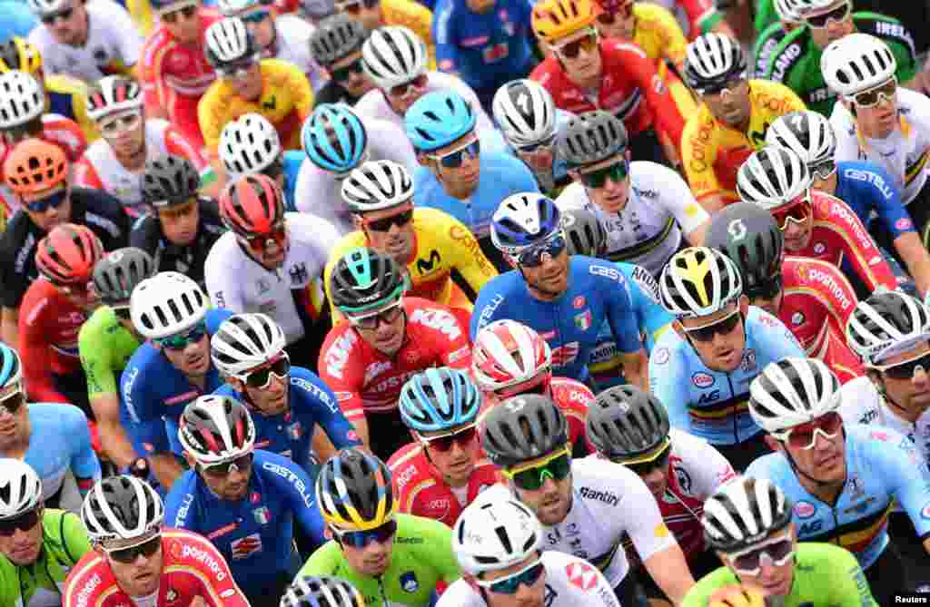 Riders compete in the Men's Elite Road Race, a 258.2-kilometer route around Imola, Emilia-Romagna, Italy, during the UCI 2020 Road World Championships.