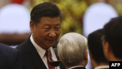 資料照：中共領導人習近平在訪問河內期間與越共總書記阮富仲（中間白髮者）交談。 （2017年11月12日）