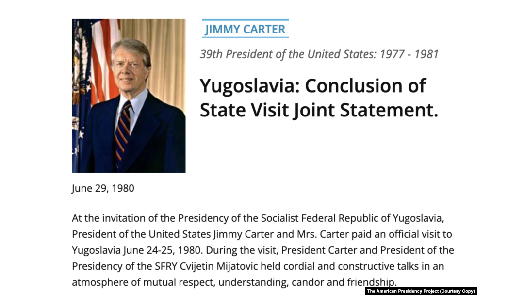 Deo američko-jugoslovenskog saopštenja o poseti predsednika Džimija Kartera Beogradu u junu 1980. (Foto: The American Presidency Project)