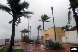 Las palmeras se mueven con el viento antes de que el huracán Agatha toque tierra en Huatulco, estado de Oaxaca, México, el 30 de mayo de 2022.