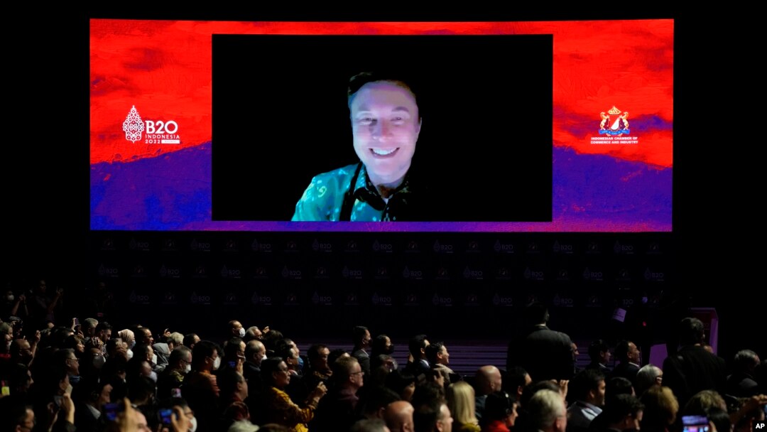 Tesla CEO Elon Musk talks during a virtual meeting at the B20 Summit ahead of the G20 leaders summit in Nusa Dua, Bali, Indonesia, Nov. 14, 2022. 