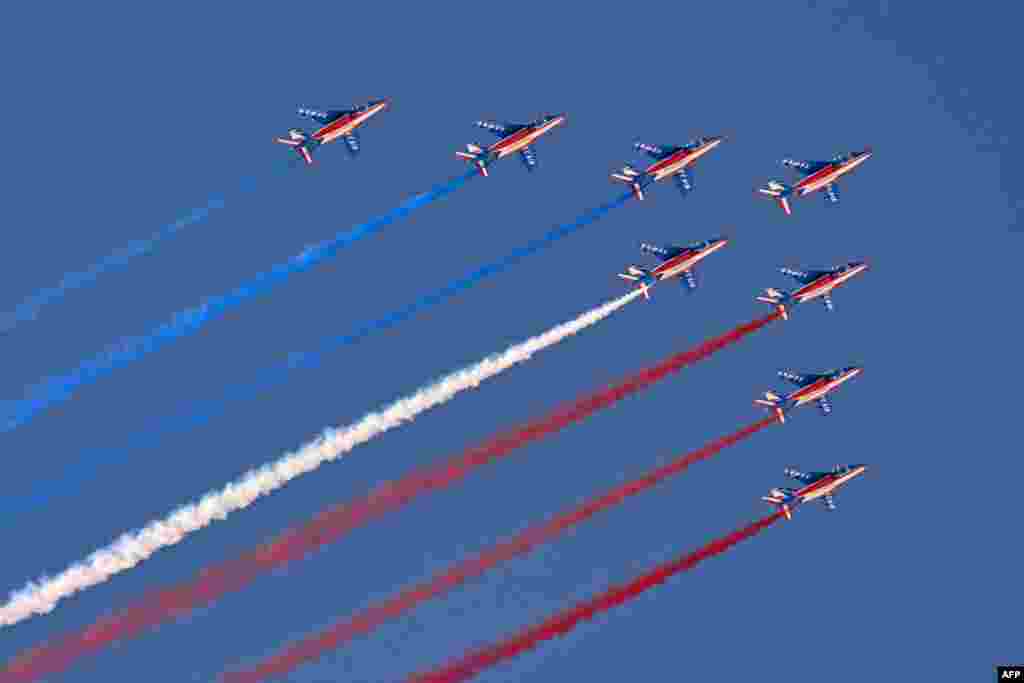 The French elite acrobatic flying team "Patrouille de France" flies over the race track prior to the Women's Super-G event of the FIS Alpine Ski World Championship 2023 in Meribel, French Alps.