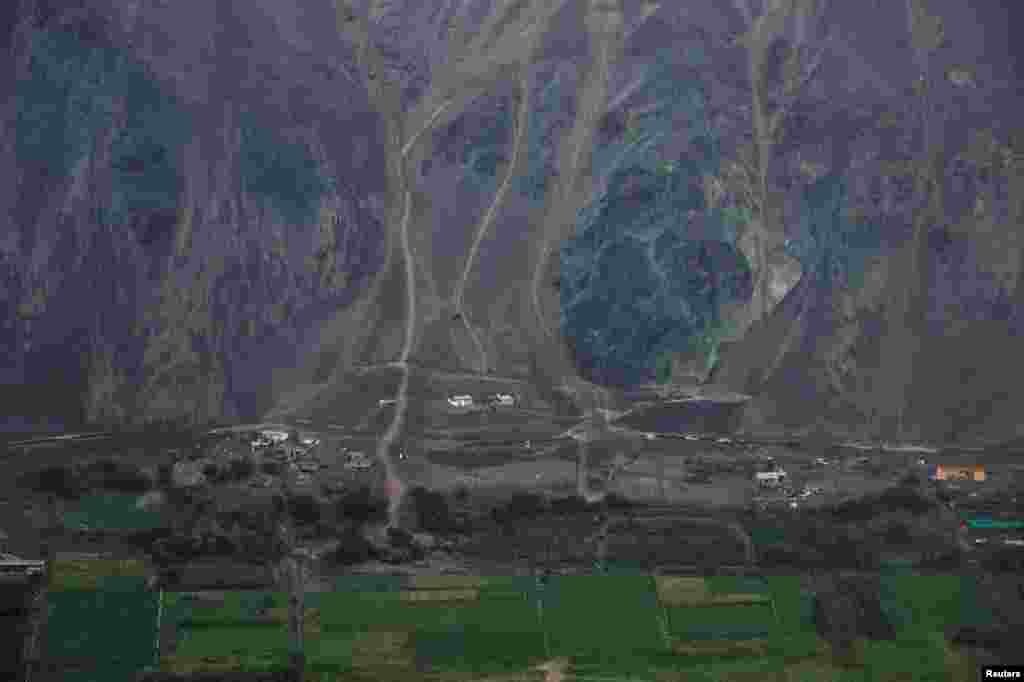 An aerial view shows an area affected by a landslide caused by a heavy rains, in Arequipa, Peru, Feb. 6, 2023.