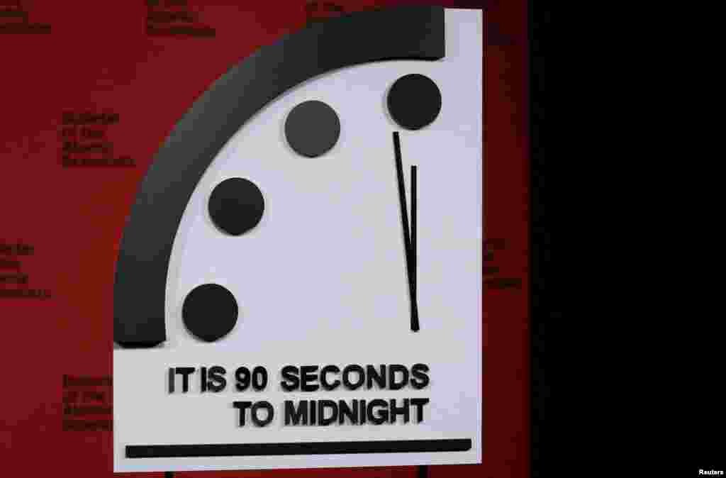 The "Doomsday Clock" is moved to 90 seconds to midnight at the National Press Club in Washington. Atomic scientists set the "Doomsday Clock" closer to midnight than ever before, saying threats of nuclear war, disease, and climate volatility have been exacerbated by Russia's invasion of Ukraine, putting humanity at greater risk of annihilation.