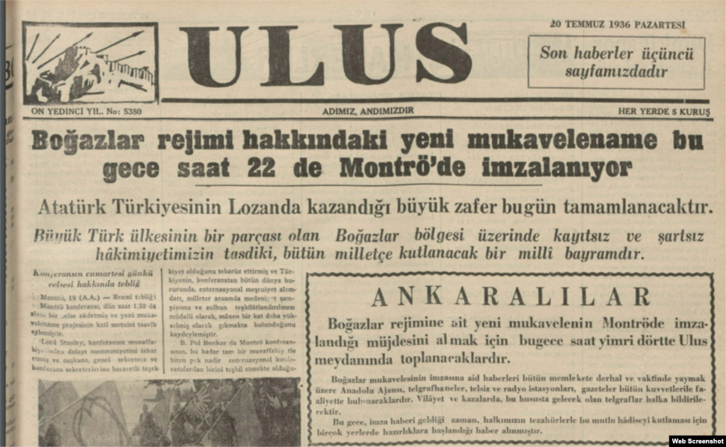 Montrö Sözleşmesi'nin imzalanmasıyla ilgili gazete başlıkları