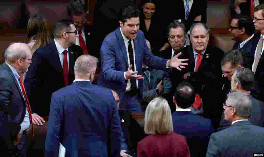 Rep. Matt Gaetz (R-FL) passionately addresses other conservative Republican members after a fourth round of voting still failed to elect House Republican Leader Kevin McCarthy as new Speaker of the House at the U.S. Capitol in Washington, Jan. 4, 2023.