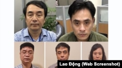 Ông Trần Hùng, cựu kiểm soát viên của Tổng cục QLTT Bộ Công thương (hàng trên, bên trái) và các bị cáo bị truy tố trong vụ sản xuất và tiêu thụ sách giáo khoa giả ở Việt Nam. (Ảnh Bộ Công an cung cấp - chụp màn hình Lao Động)