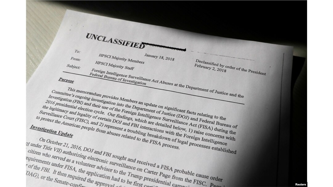 A copy of the formerly top secret classified memo written by House Intelligence Committee Republican staff and declassified for release by U.S. President Donald Trump is seen shortly after it was released by the committee in Washington, Feb. 2, 2018.