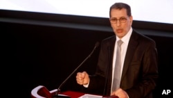 Morocco's Prime Minister Saad-Eddine El Othmani delivers a speech as political parties from across the spectrum met in Laayoune, Western Sahara's largest city, to condemn the latest actions of the Polisario Front, a movement seeking independence for mineral-rich Western Sahara, April 9, 2018. 