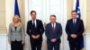Слева направо: председатель Президентства Боснии и Герцеговины Желька Цвиянович, генеральный секретарь НАТО Марк Рютте и члены Президентства Боснии и Герцеговины Желько Комсич и Денис Бечирович. Сараево, 10 марта 2025 г. 