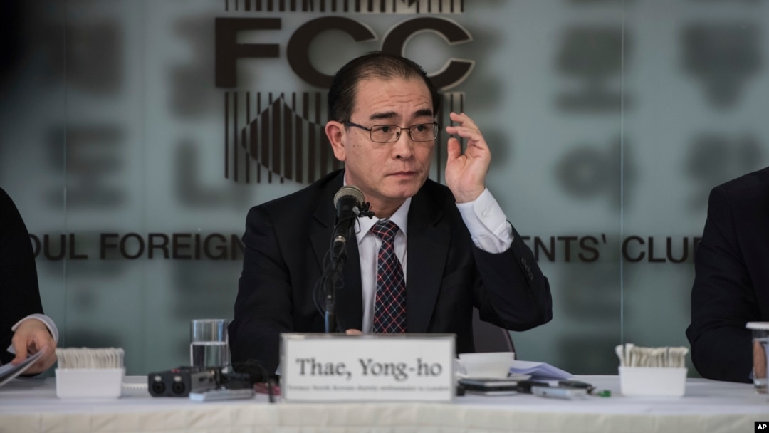 File - Former North Korean deputy ambassador to the U.K., Thae Yong Ho speaks with media at the Foreign Correspondents Club in Seoul, South Korea, Jan. 25, 2017. 