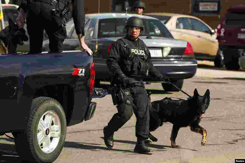La policía realiza un rastreo con perros especializados de la unidad de desactivación de explosivos en vecindarios de Towertown y sus alrededores.