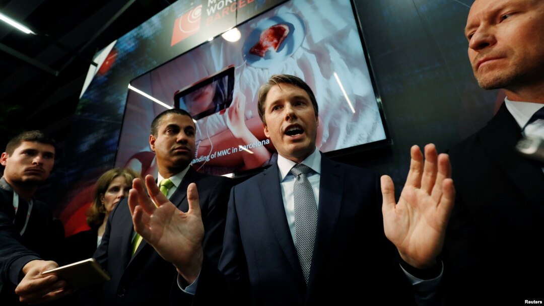 Robert Strayer, U.S. deputy assistant secretary of state for cyber and international communications and information policy, holds a news briefing at the Mobile World Congress in Barcelona, Spain, Feb. 26, 2019.