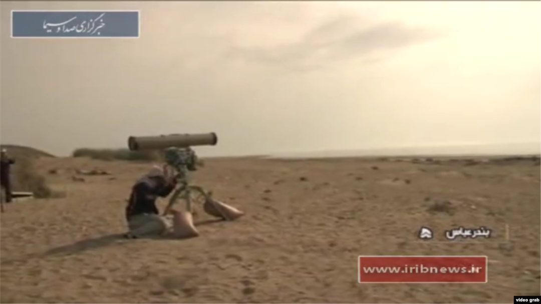 Iranian military personnel prepare to fire a laser-guided anti-ship missile (AShM) called Dehlaviyeh as part of a major naval exercise. Iranian state media say the test happened Feb. 27, 2017. (Screen grab from IRIB News Agency video)