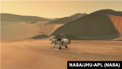 Artist illustration of Dragonfly on Titan, one of Saturn's moons. 