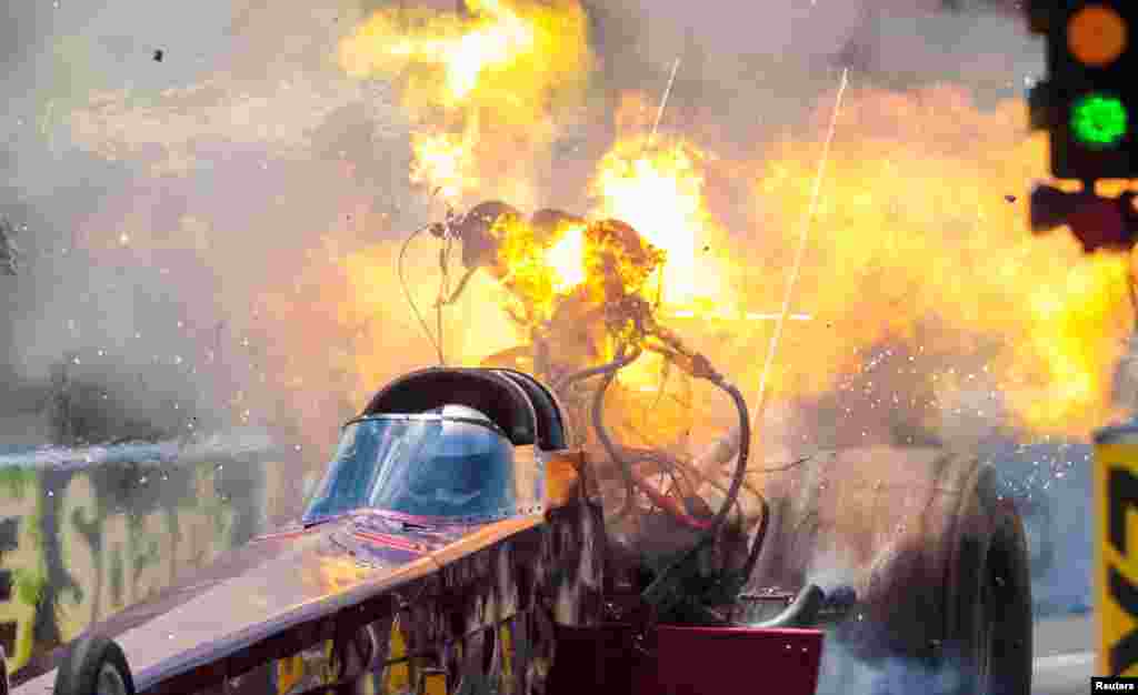 NHRA top fuel driver Kyle Wurtzel explodes an engine on fire during qualifying for the E3 Spark Plugs Nationals at Lucas Oil Raceway in Clemont, Indiana, July 11, 2020. (Credit: Mark J. Rebilas/USA TODAY Sports)