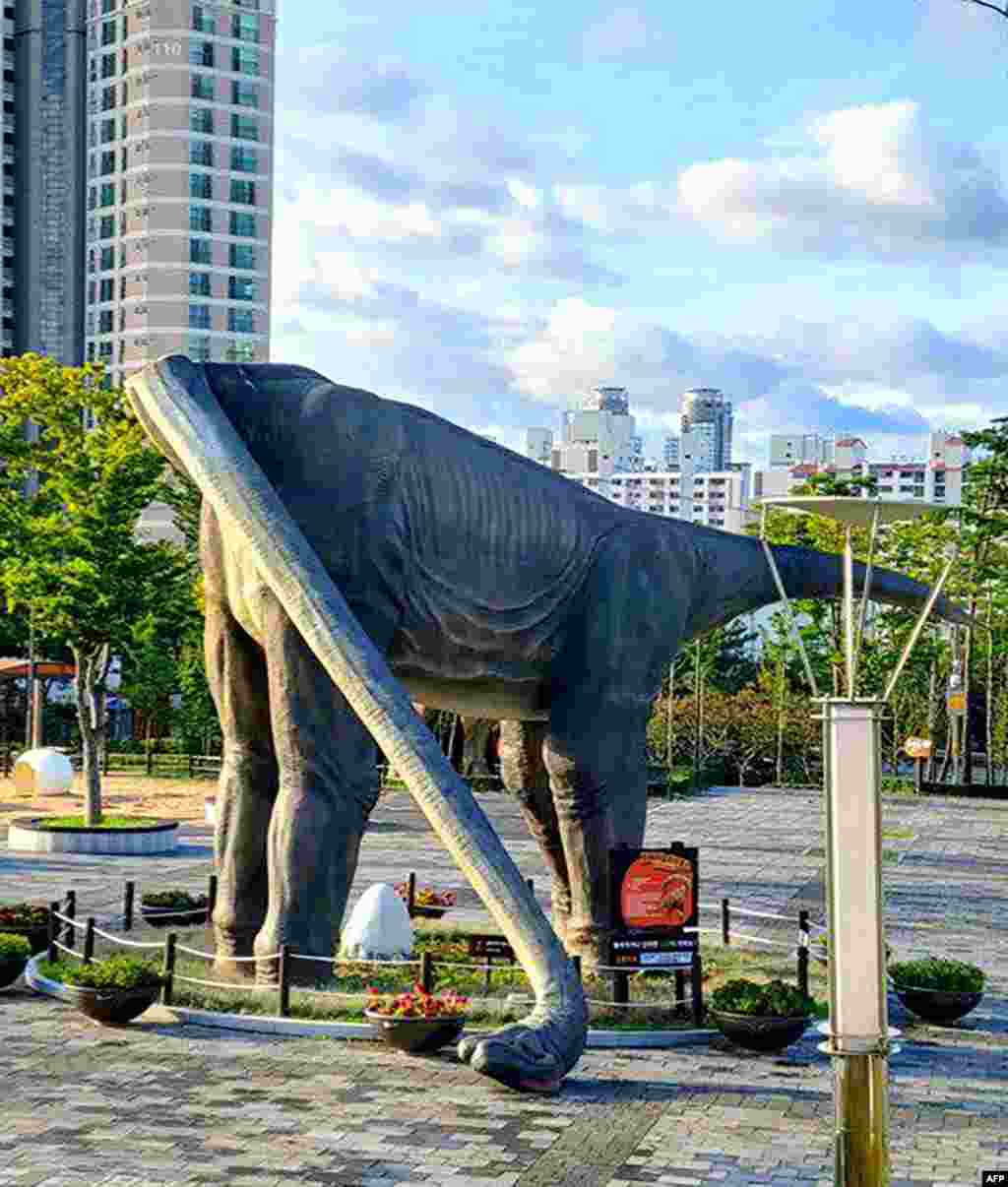 A dinosaur sculpture damaged by Typhoon Maysak is seen in the southeastern port city of Ulsan, South Korea. (Credit: Yonhap)