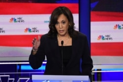 Democratic presidential hopeful U.S. Senator for California Kamala Harris speaks during the second Democratic primary debate of the 2020 presidential campaign at the Adrienne Arsht Center for the Performing Arts in Miami, June 27, 2019.
