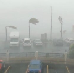 Category 1-strength winds bend palm trees as Hurricane Dorian slams into St. Thomas, U.S. Virgin Islands, Aug. 28, 2019, in this still image taken from social media video.