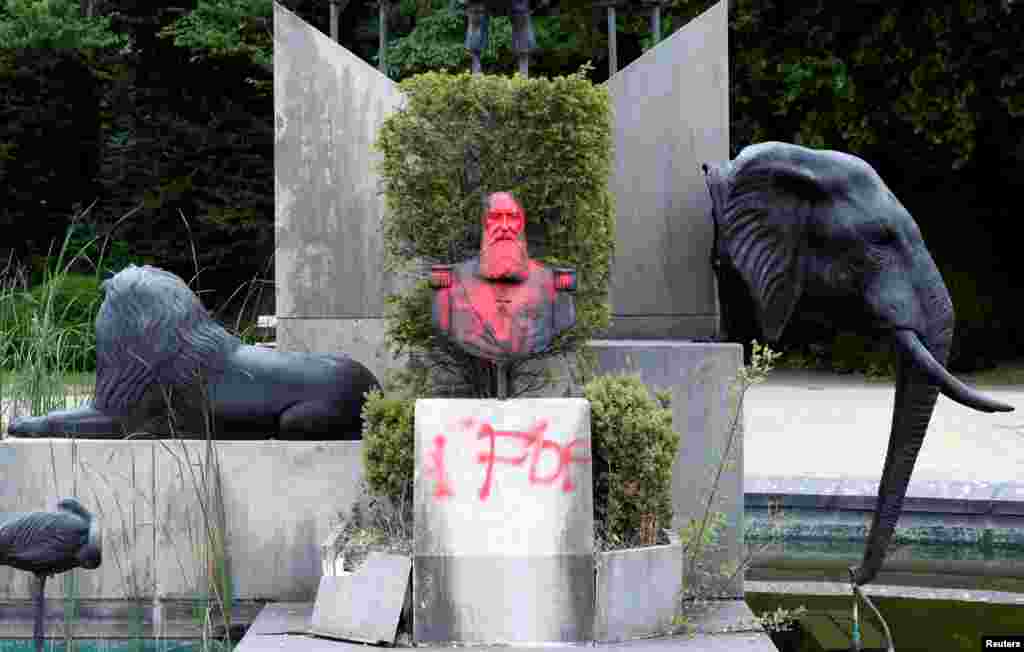 A statue of former Belgian King Leopold II is vandalized in the park of the Africa Museum, in Tervuren, near Brussels, Belgium, June 9, 2020.