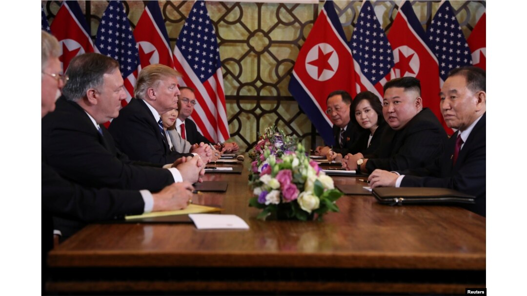 North Korea's leader Kim Jong Un and U.S. President Donald Trump attend the extended bilateral meeting in the Metropole hotel with U.S. Secretary of State Mike Pompeo, White House National Security Adviser John Bolton, acting White House Chief of Staff Mick Mulvaney, North Korean Foreign Minister Ri Yong Ho and Kim Yong Chol, Vice Chairman of the North Korean Workers' Party Committee, during the second North Korea-U.S. summit in Hanoi, Vietnam, Feb. 28, 2019.