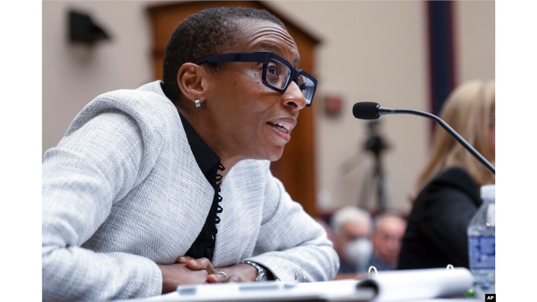 FILE - Harvard President Claudine Gay, left, speaks during a hearing of the House Committee on Education on Capitol Hill, Tuesday, Dec. 5, 2023 in Washington, D.C. (AP Photo/Mark Schiefelbein, File)